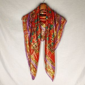 Oscar De La Renta For Accessory Street Red & Purple Scarf W/ Metallic Accent